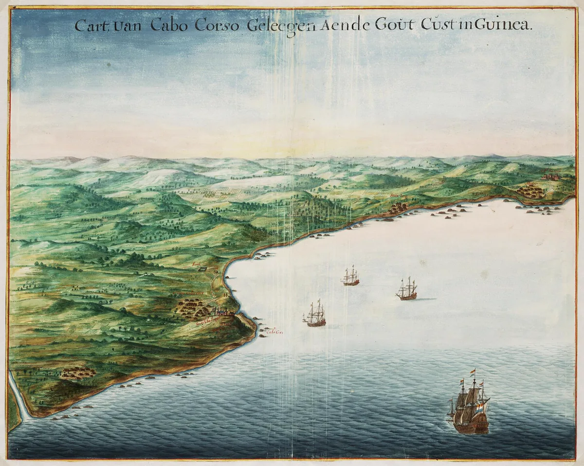 Title in the Leupe catalogue (NA): Gezicht in vogelvlucht op Cabo Corso (Cape Coast) en omgeving van de zeezijde . View of Cabo Corso on the Gold Coast. Cart Uan Cabo Corso Geleegen Aende Gout Cust in Guinea . Notes: thi