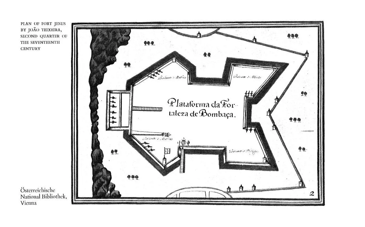 Plan de fort Jesus de Mombasa dressé au XVIIe siècle par le Portugais João Teixera