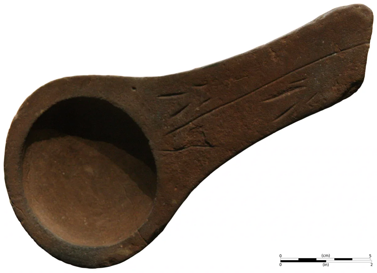 Oil lamp (exactly, deer fat lamp), found in Lascaux cave in Montignac, Dordogne, Aquitaine, France. Magdalenian culture, 17,000 BP. It can be viewed in the National Prehistory Museum in Les Eyzies-de-Tayac.