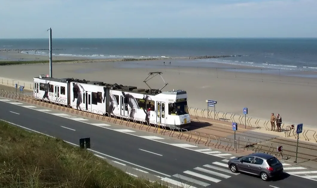 Coastal Tram (Kusttram) in Belgium at tram-stop "Domein Raversijde" (south of Ostend)